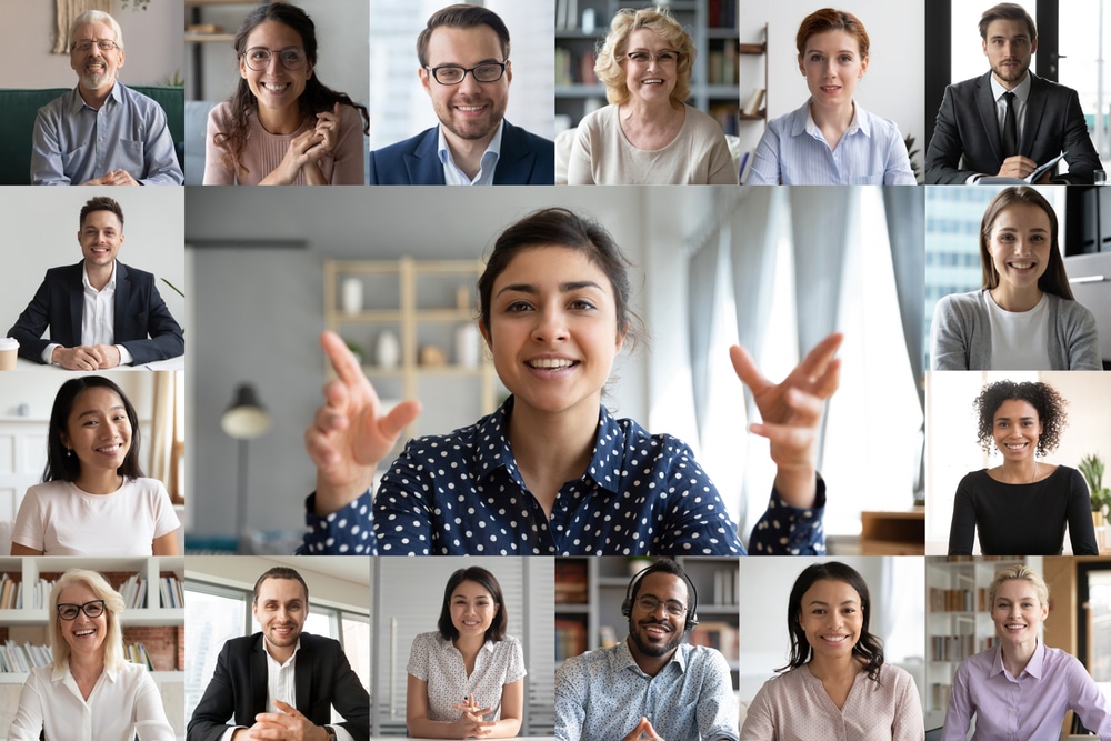Webcam,Laptop,Screen,View,Many,Faces,Of,Diverse,People,Involved